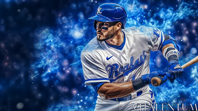 Baseball player prepares to swing bat against blue abstract backdrop