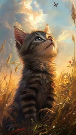 Sunlit tabby kitten watches soaring bird at dawn