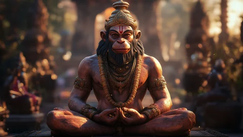 Serene monkey deity in golden meditation among soft light.