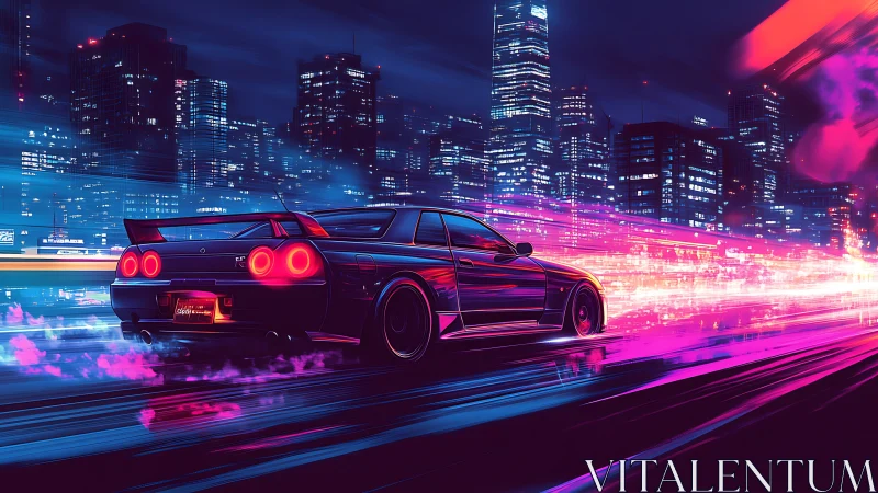 Neon city street racer lighting up a dreamy night drive.