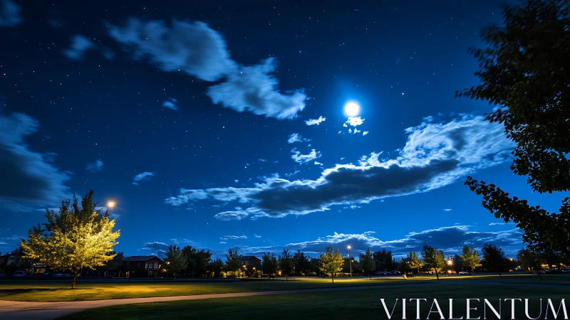 Suburban park under moonlit sky with scattered clouds.