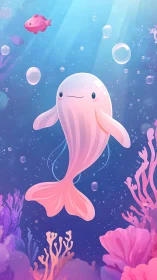 Cute pink whale drifts through colorful coral reef light