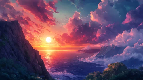 Radiant coastal sunset with luminous clouds and cliffs.