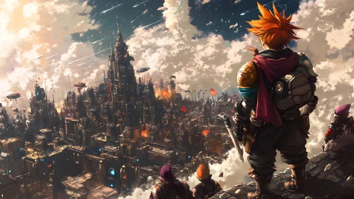 Cyberpunk hero overlooking burning fortress city from cliff.