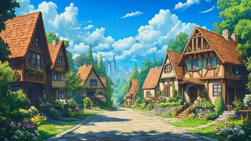 Sunny storybook village lane with cozy cottages and flowers.