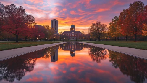 Symmetrical campus reflection under vivid autumn sunrise sky.