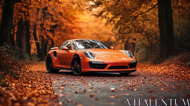Autumn road daydream with a bright orange sports car.