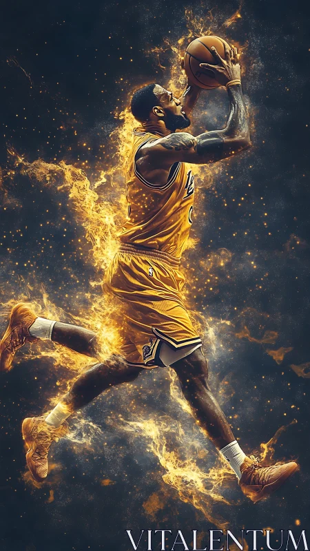 Kinetic flame-trail basketball leap rendered in photonic detail.