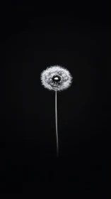 Single dandelion seed head stands isolated on black background