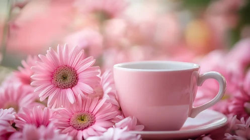 Pink Teacup Surrounded by Gerbera Daisies