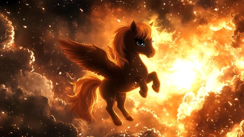 Fiery pegasus pony soaring through blazing cosmic clouds.