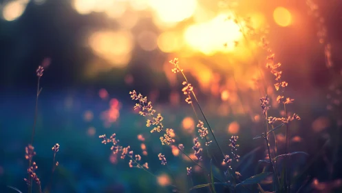 Wild grasses in sharp focus against glowing sunset light.
