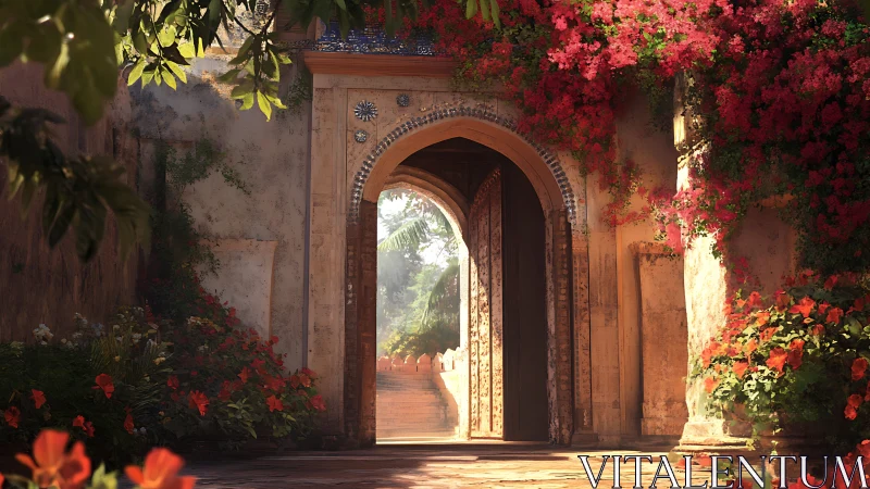 Sunlit garden archway opens onto a tranquil courtyard path.