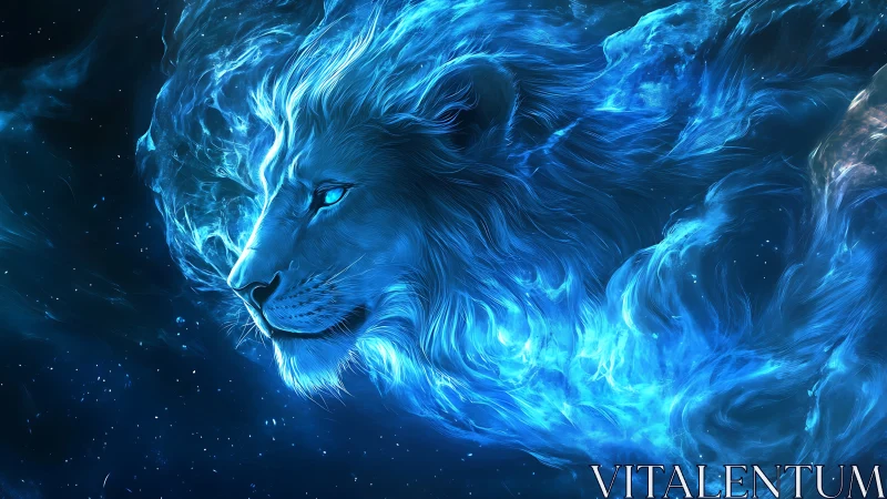 Starlit cosmic lion drifts through swirling blue nebulae
