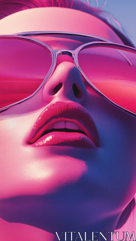 Close view of stylized face with reflective pink sunglasses.