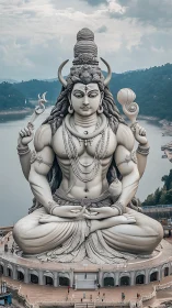 Peaceful riverside deity statue in quiet mountain air.