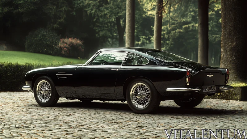 Classic black grand tourer on cobblestone drive in forest setting.