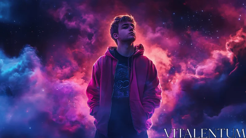 Stargazing youth stands calm in glowing neon cosmic clouds