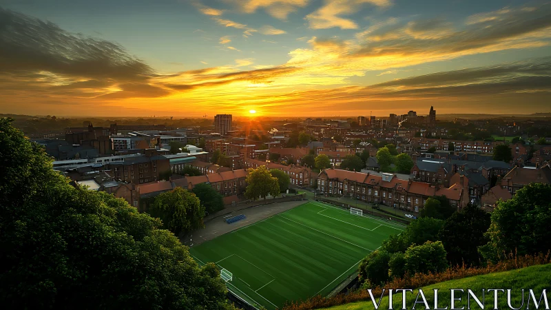 Sunset over urban football pitch with layered atmospheric perspective