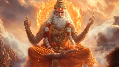 Seated mythological sage in fiery halo amid clouds and cliffs.