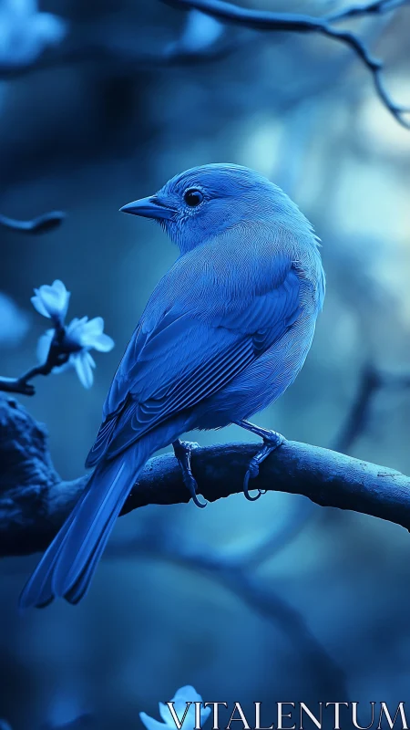 Blue bird perched on dark branch with blossoms.