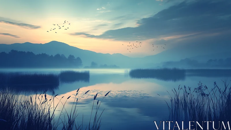 Mist-draped dawn lets reeds and mountains whisper softly