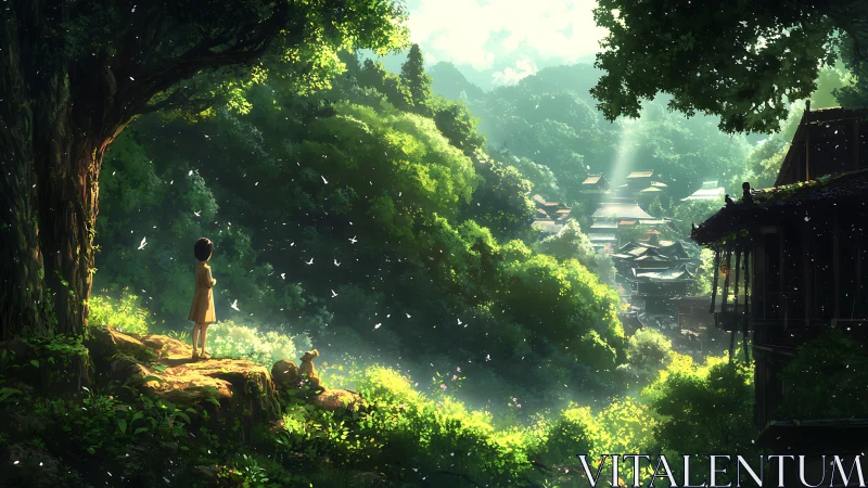 Child and dog observing forest valley village from cliff edge.