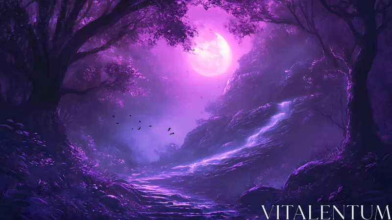 Luminous violet forest path under radiant full moon glow