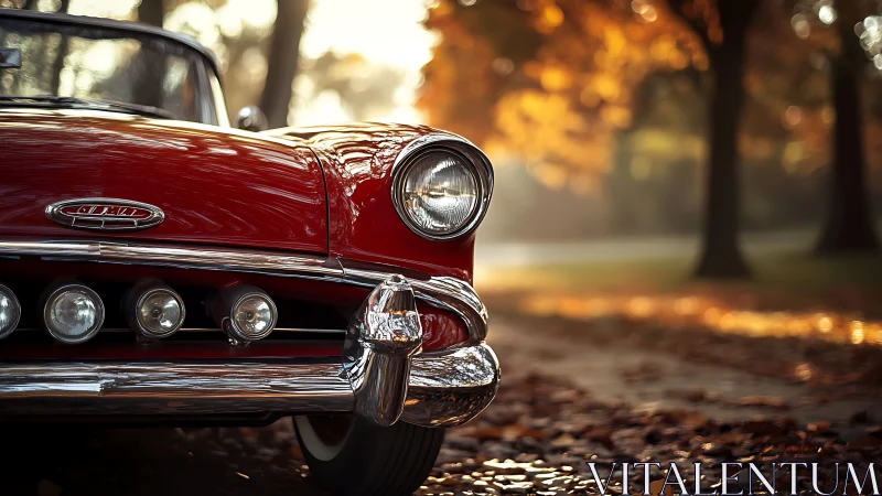 Cherry red classic car glowing in soft autumn sunset light.