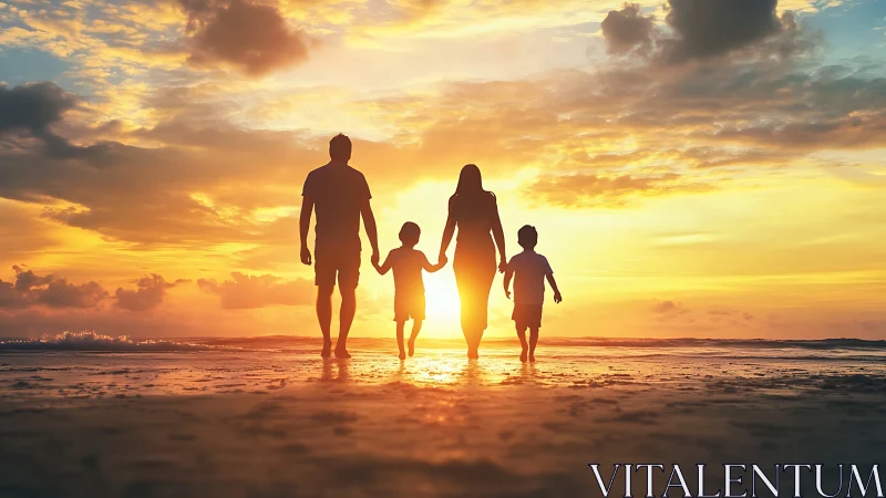 Photorealistic family silhouette at sunset shoreline composition.