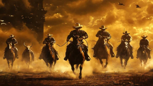 Golden storm riders drive cattle through cinematic dustscape.