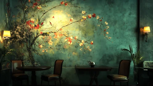 Cozy teal caf&eacute; corner wrapped in blooming painted branches.