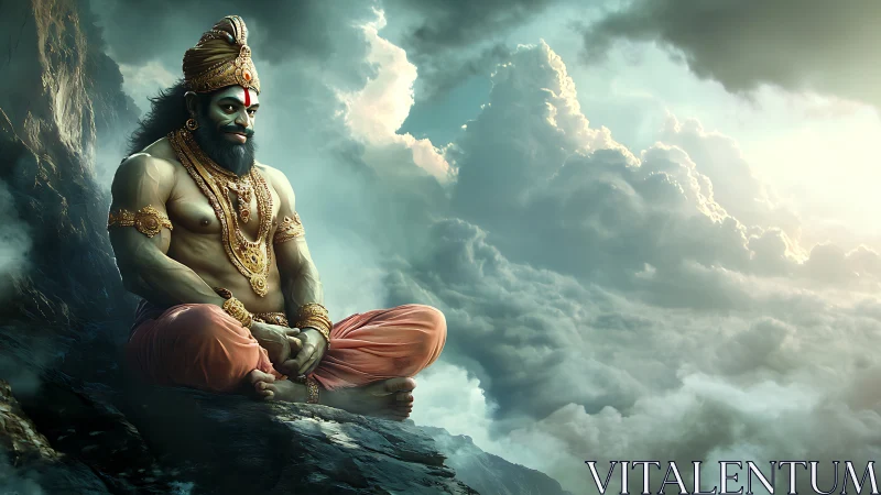 Serene mythic warrior meditating on stormlit mountain ridge.