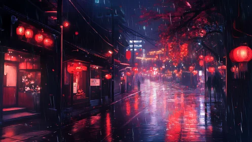 Neon lantern street glows through reflective midnight rain.