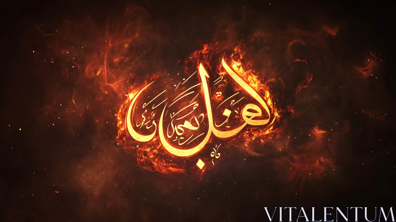 Luminous Arabic calligraphy ignites within volumetric fire halo