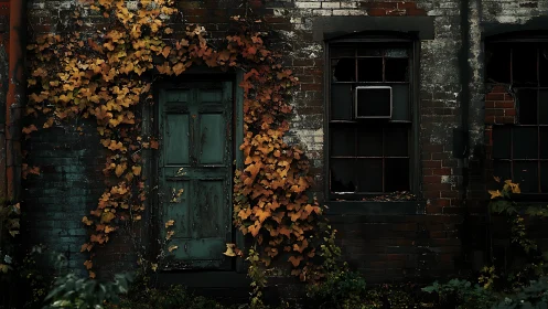 Weathered green door with autumn ivy on abandoned brick wall.