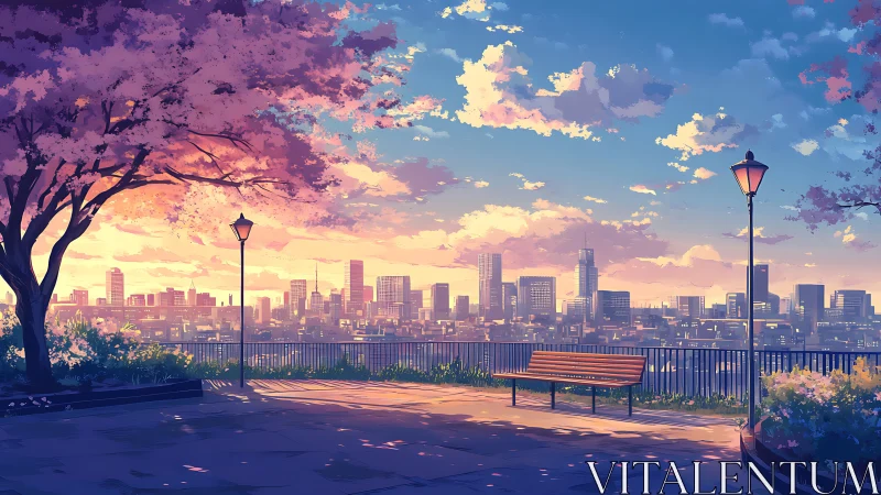 Sunset park overlook with cherry blossoms and distant skyline