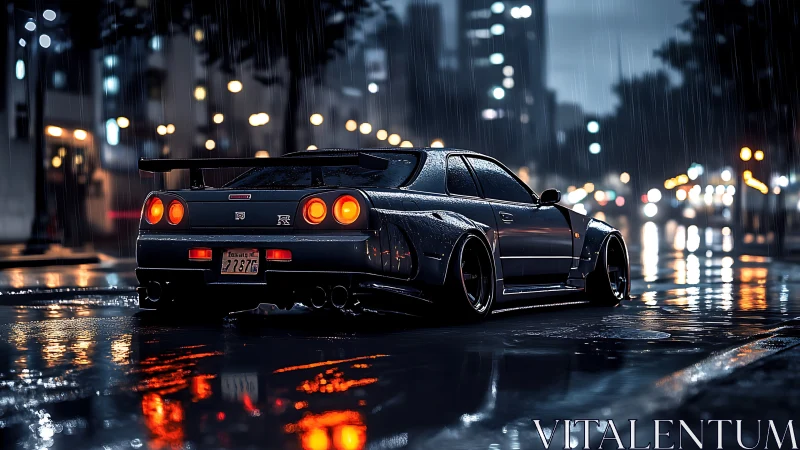 Modified sports coupe is parked on a wet city street at night