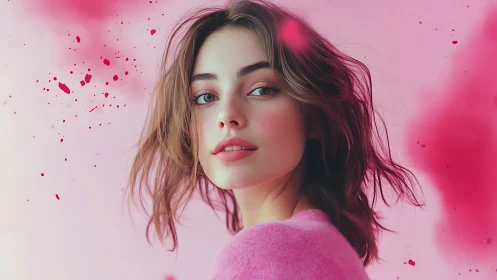 Soft pink portrait with gentle gaze and dreamy warmth.