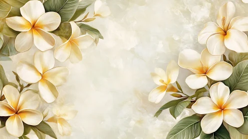 Cream plumeria flowers with golden centers on soft neutral background