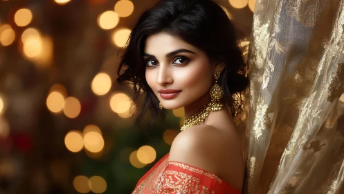 Portrait beauty glows amid golden festive bokeh lights.