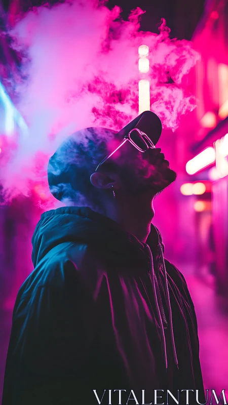 Neon city dreamer stands in glowing pink and blue mist