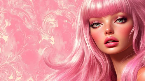 Dreamy pink-haired beauty glows against swirling pastel art