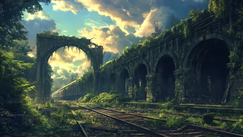 Sunlit ruins embrace overgrown railway and lone train.