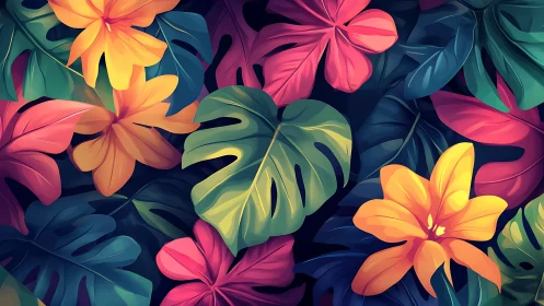 Tropical leaves and bold flowers in vivid digital art.