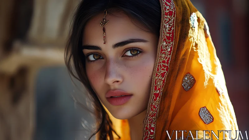 Portrait shows young woman in ornate golden embroidered veil