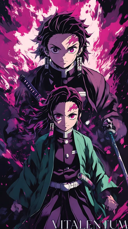 Fiery anime heroes stand strong in a storm of pink power.