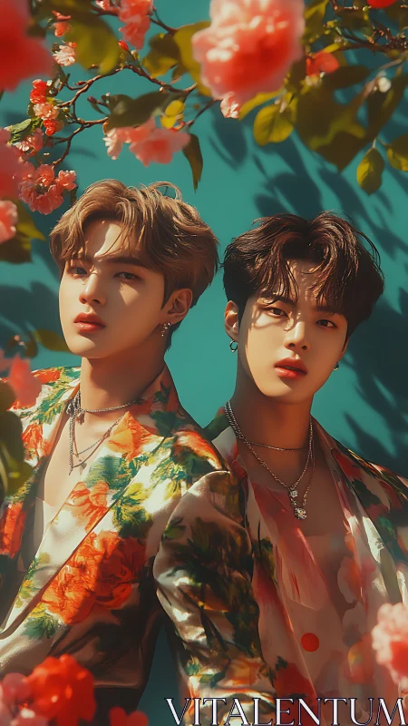 Stylized floral portrait of two young men in patterned suits.