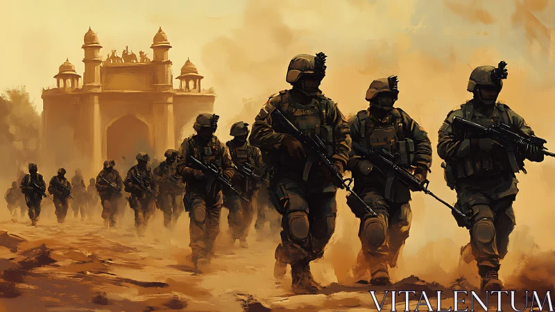 Dustborne soldiers crossing a sunlit desert gateway.