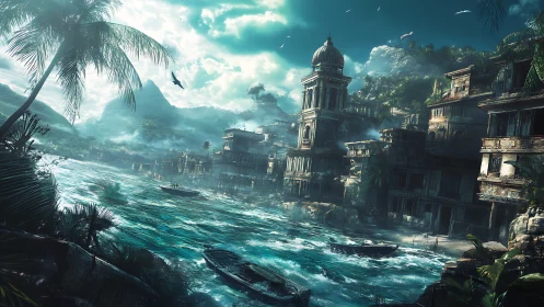 Storm-lashed tropical ruins with looming coastal citadel.